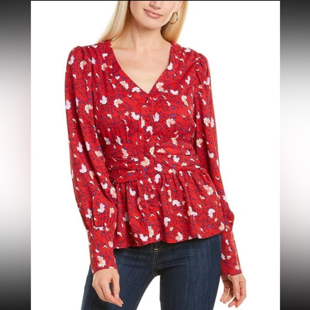 Walter Baker Clara Apple Blossom Print Ruched Button Blouse Long Sleeve Top - M